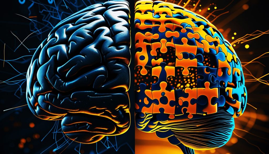 Representação de um cérebro com dois quebra-cabeças sobrepostos: um caótico e escuro e outro organizado e claro, ilustrando a reestruturação cognitiva.
