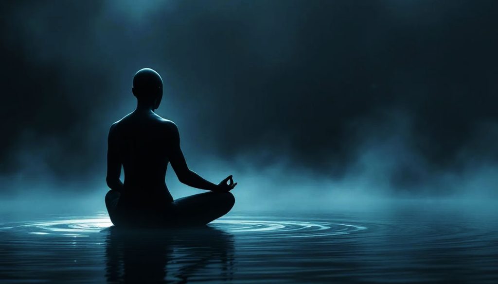 Pessoa sentada em posição de meditação em um ambiente calmo e silencioso, ilustrando a prática de mindfulness.