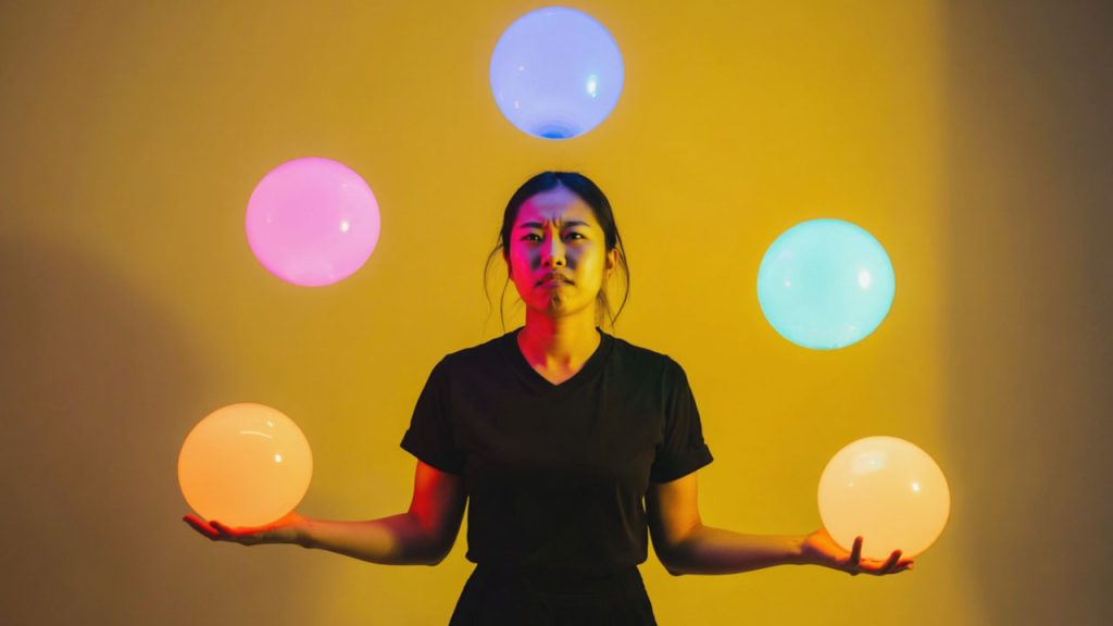 Uma pessoa com uma expressão de esforço, fazendo malabarismo com várias bolas luminosas no ar, simbolizando a reação do corpo ao estresse causado por múltiplas responsabilidades.