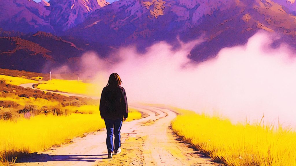 Pessoa caminhando por uma estrada sinuosa coberta por uma névoa, com uma expressão de preocupação e hesitação, simbolizando a ansiedade e o medo do futuro e do desconhecido.