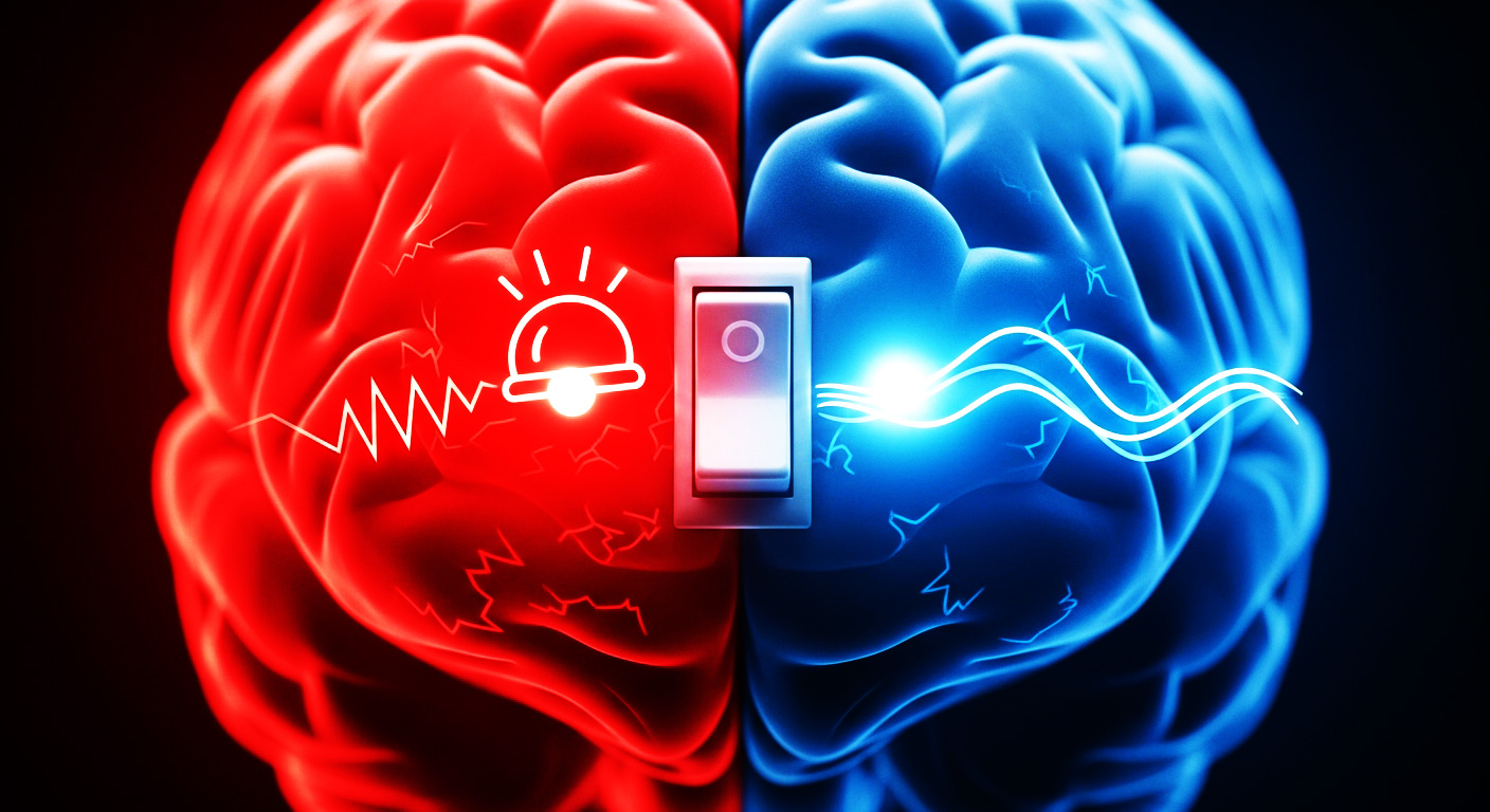 Uma imagem simbólica do cérebro humano com um interruptor luminoso, mostrando um alarme vermelho de um lado e uma luz azul calma do outro, representando o sistema nervoso simpático e o parassimpático.