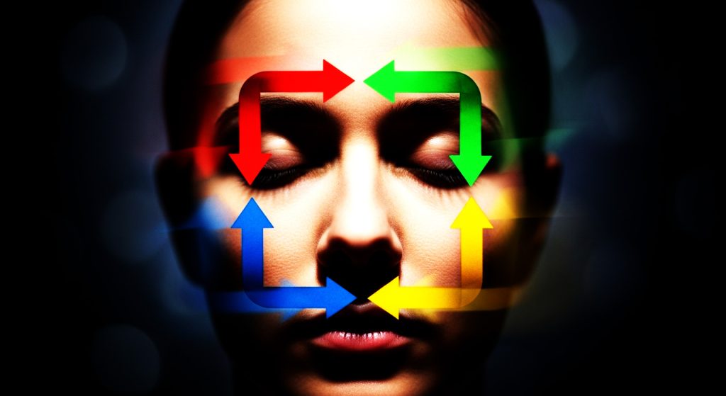 Pessoa com uma expressão serena e um quadrado feito de quatro setas coloridas se movendo ao seu redor, simbolizando a técnica de respiração quadrada.