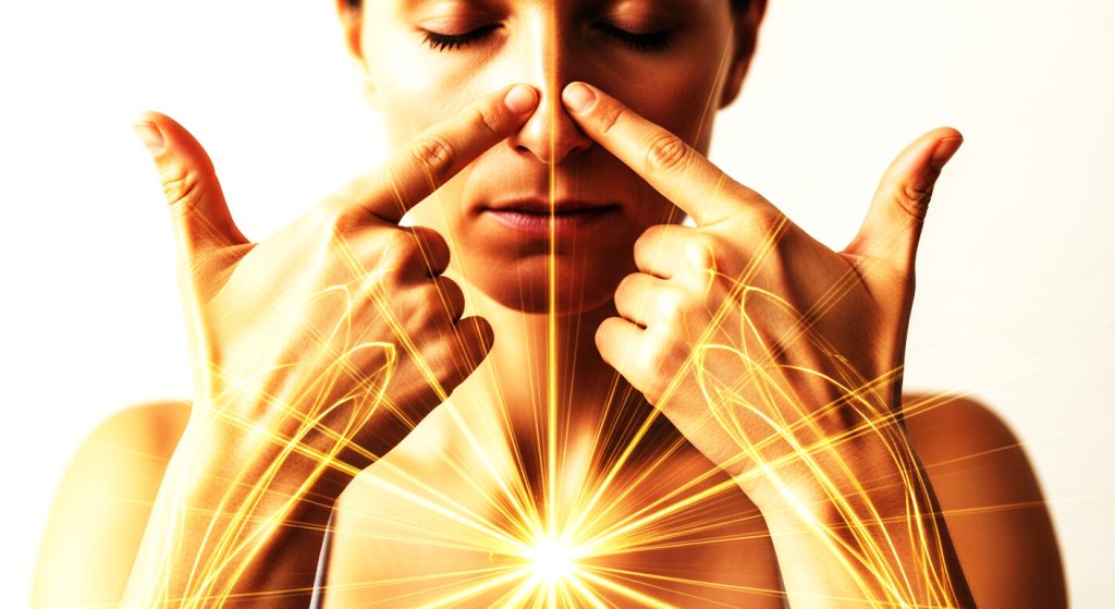 Pessoa em pose de meditação, usando o polegar e o anelar para fechar cada narina alternadamente, com linhas de energia equilibradas fluindo através de seu corpo.