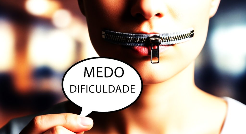 Uma pessoa com uma boca fechada por um zíper e uma bolha de fala na mão, simbolizando o medo de se comunicar e a dificuldade de expressar ideias no ambiente profissional.