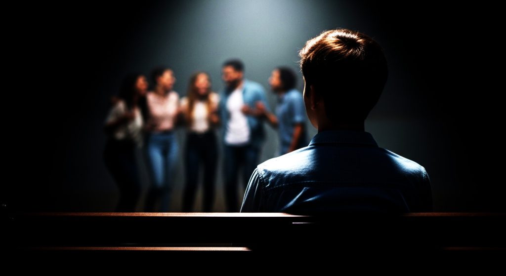 Uma pessoa sentada sozinha em um banco de parque, observando um grupo de amigos rindo e socializando ao longe, simbolizando a solidão causada pela ansiedade social e o medo de interagir.