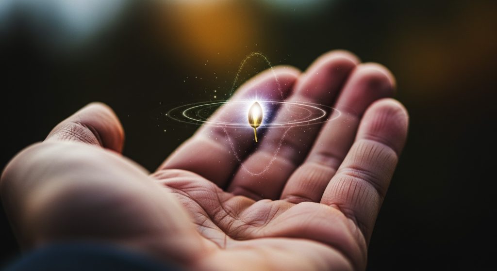 Uma mão segurando uma semente delicada e brilhante, que é cercada por um campo de força suave e protetor, simbolizando a esperança e o poder da terapia para nutrir o crescimento pessoal.