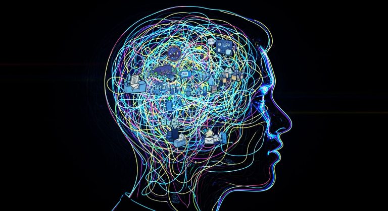 A cabeça de uma pessoa com uma teia de fios emaranhada e intricada dentro, simbolizando a natureza constante, esmagadora e interconectada dos pensamentos e preocupações no Transtorno de Ansiedade Generalizada.