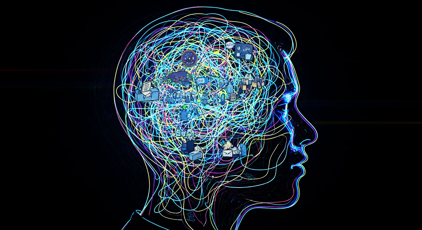 A cabeça de uma pessoa com uma teia de fios emaranhada e intricada dentro, simbolizando a natureza constante, esmagadora e interconectada dos pensamentos e preocupações no Transtorno de Ansiedade Generalizada.