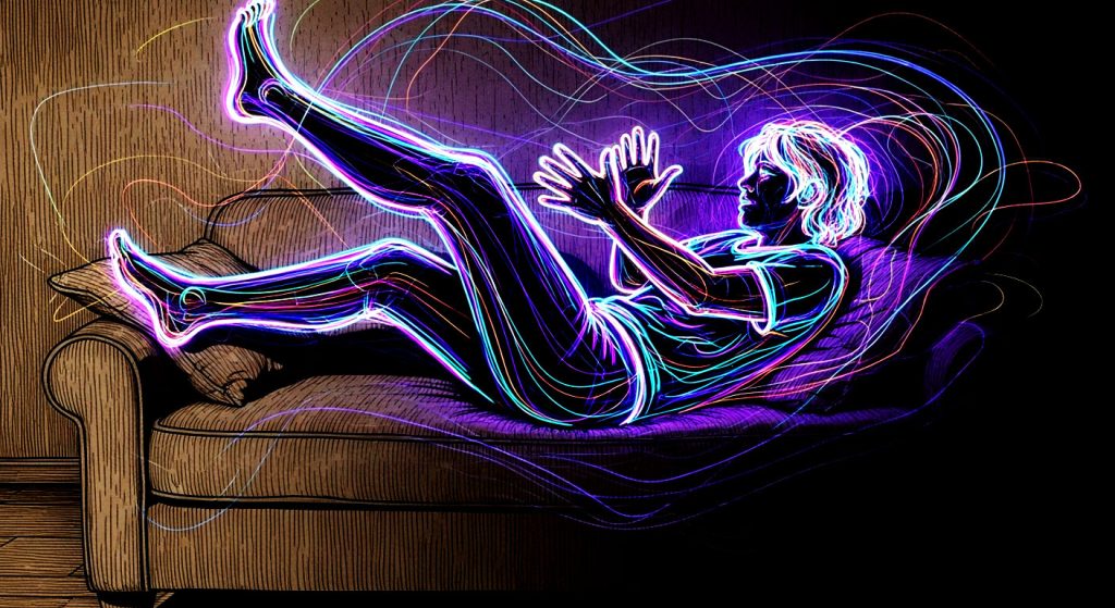 Pessoa inquieta e irrequieta em um sofá, com as pernas em movimento e as mãos batendo, enquanto o ambiente ao redor parece calmo, simbolizando a agitação interna e a falta de tranquilidade.