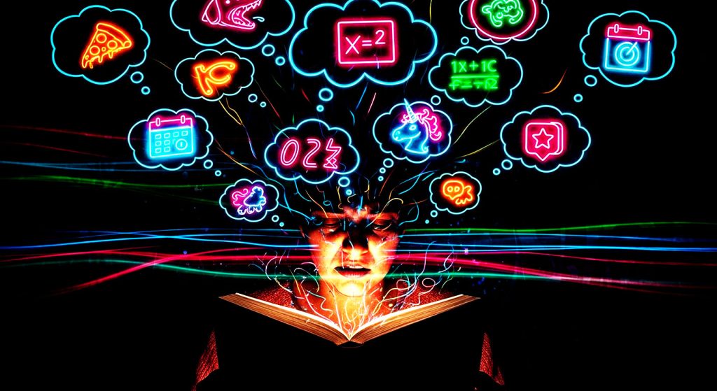 Pessoa tentando ler um livro, mas as palavras estão embaralhadas e borradas, e balões de pensamento não relacionados flutuam acima de sua cabeça, representando a dificuldade de concentração devido a pensamentos acelerados.