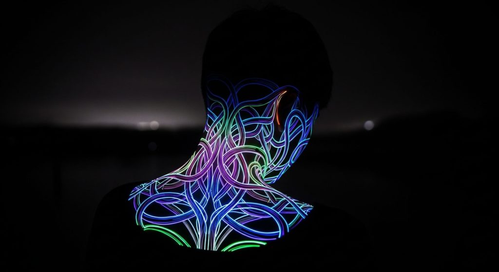 Pessoa com nós de tensão luminosos em seu pescoço, ombros e costas, como se estivesse fisicamente carregando o peso de suas preocupações.