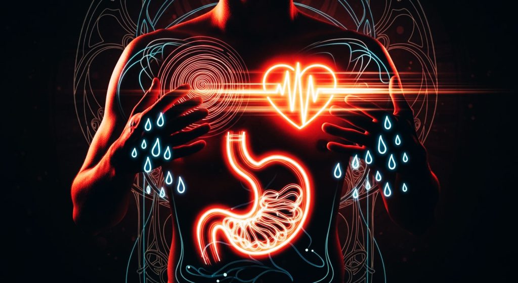 Pessoa experimentando sintomas físicos simultaneamente: um estômago embrulhado, mãos suadas e um coração acelerado, todos representados por ícones luminosos em seu corpo.