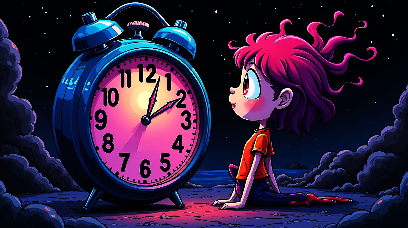 Relógio com um olho no mostrador e uma cabeça com a mente acelerada, simbolizando a sensação de que o tempo passa e a mente não desliga durante a noite.