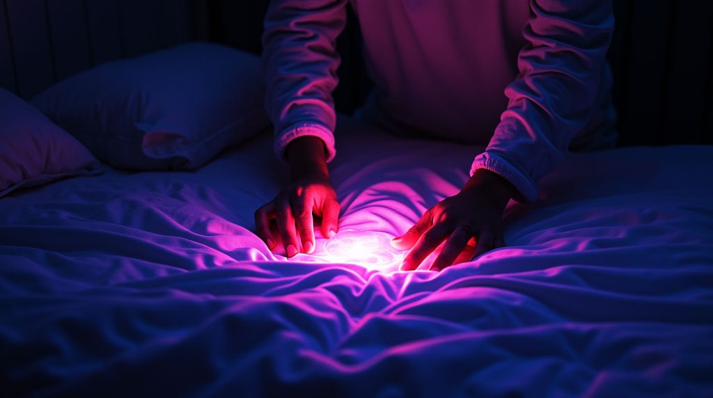 Pessoa preparando a cama em um ritual calmo, com luzes suaves e um brilho etéreo ao redor de suas mãos, simbolizando a criação de um santuário de sono e relaxamento.