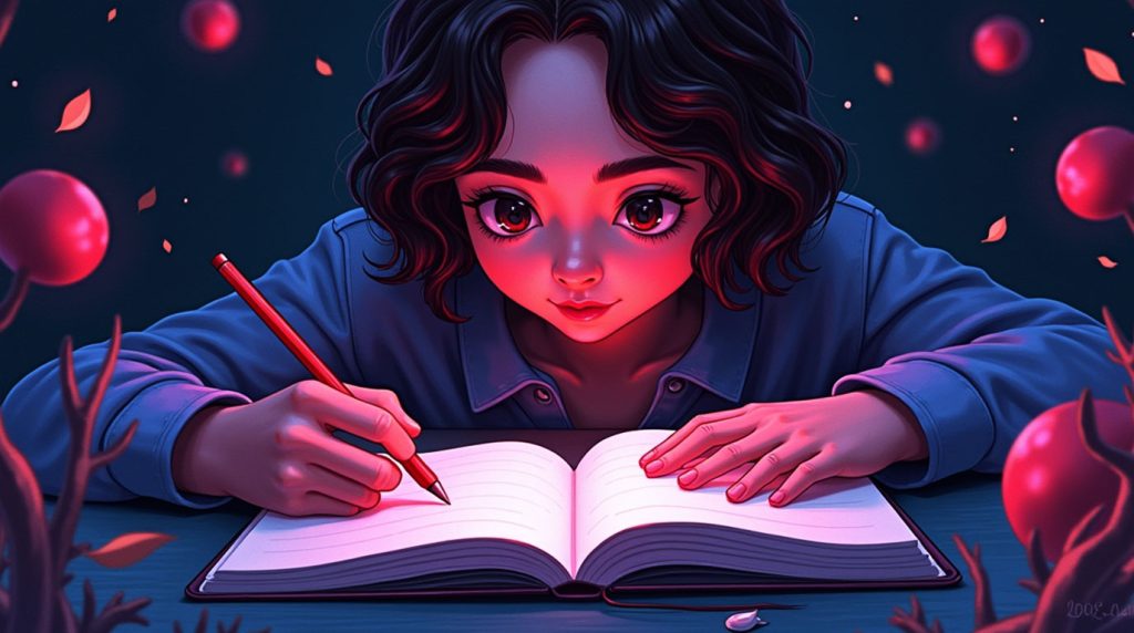 Pessoa escrevendo em um diário com uma expressão serena, com balões de pensamento flutuando ao redor, que são organizados na página, representando a externalização e o alívio das preocupações.