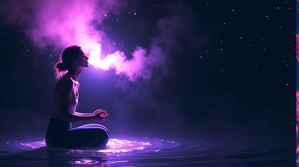 Pessoa respirando calmamente em um quarto escuro, com o hálito simbolizado por uma névoa luminosa que preenche o ambiente, representando como a respiração acalma a mente.