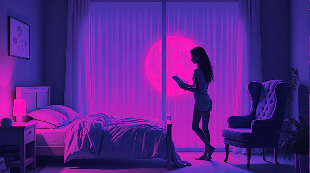Pessoa saindo calmamente da cama em um quarto à luz da lua e indo para uma cadeira para ler, simbolizando a regra dos 20 minutos para combater a insônia.