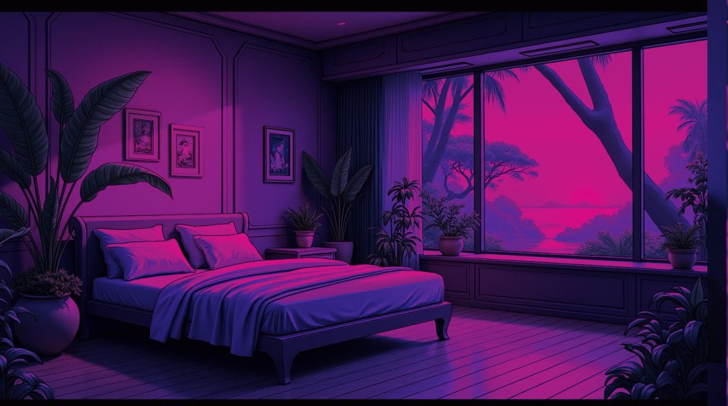 Quarto com uma atmosfera escura, fresca e silenciosa, com uma planta e uma garrafa de água na mesa de cabeceira, simbolizando a criação de um ambiente perfeito para o sono.