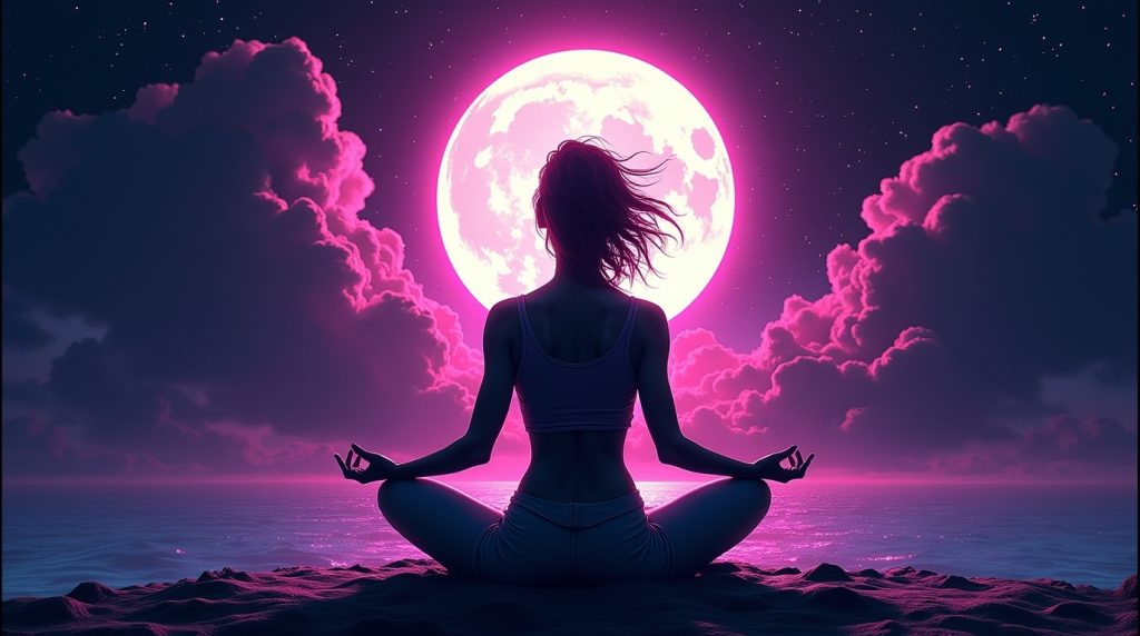 Pessoa em uma pose meditativa calma, com um halo de luz tranquila e pacífica ao redor de sua cabeça e ombros, representando um estado de atenção plena.