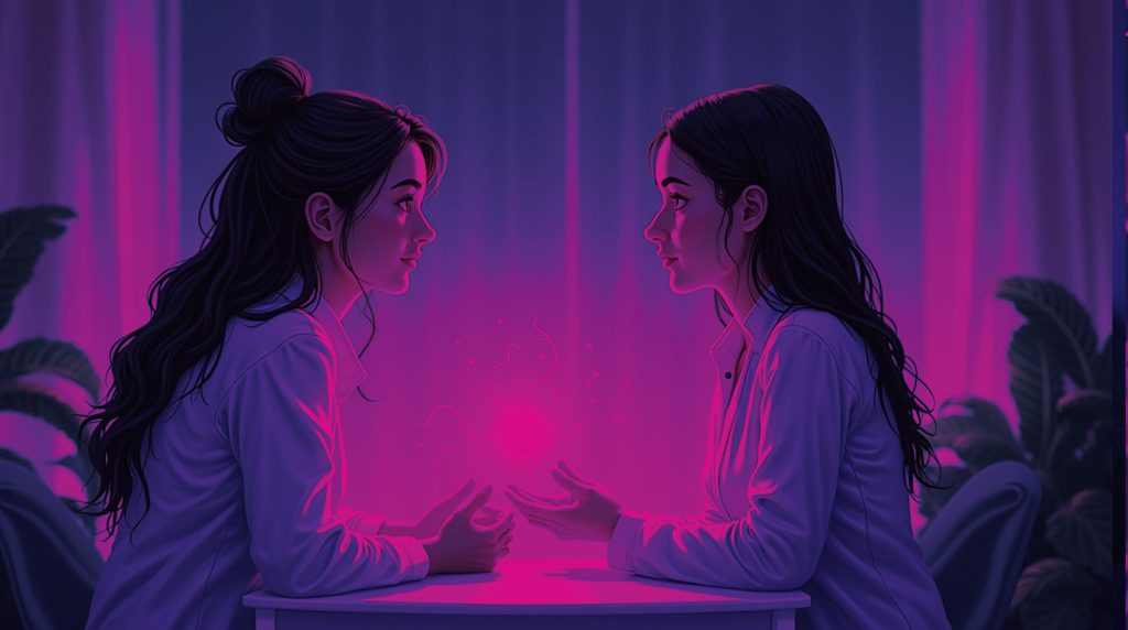 Duas pessoas, um paciente e um terapeuta, em um ambiente terapêutico calmo e seguro. O terapeuta ouve com empatia, e uma ligação suave e brilhante conecta os dois, simbolizando a confiança e o apoio da terapia.