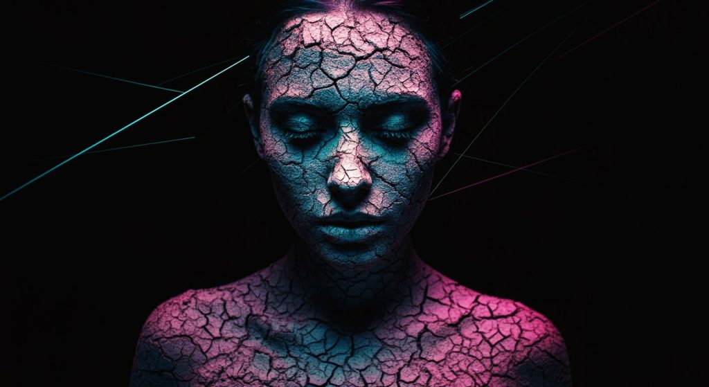 Pessoa com o corpo e o rosto rachados como uma terra seca e árida, simbolizando o esgotamento físico e mental extremo do burnout.