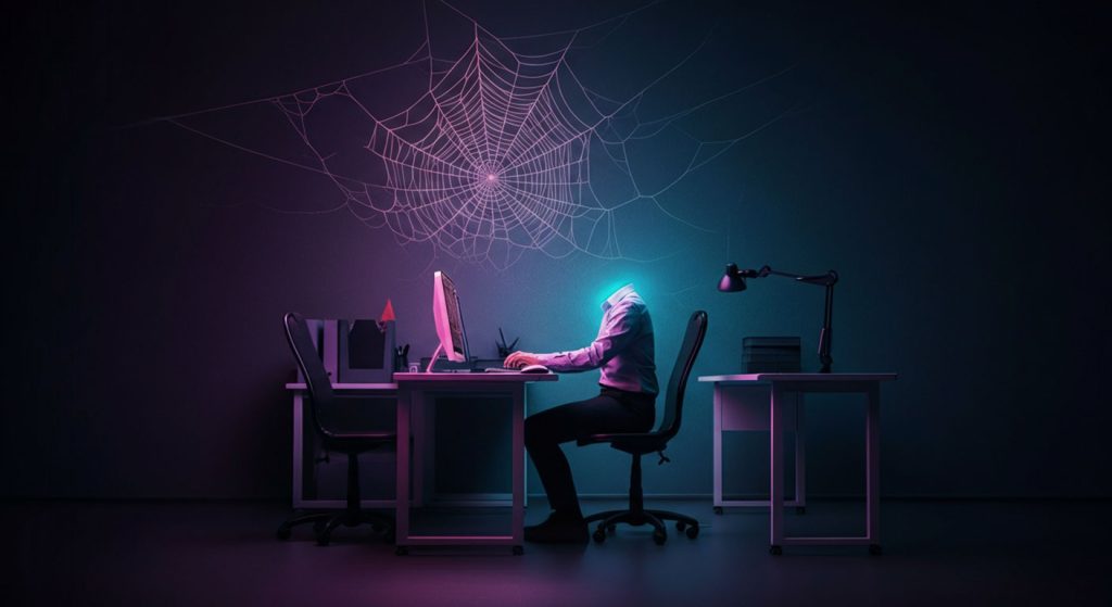 Pessoa em um ambiente de trabalho com a cabeça oca e vazia, simbolizando o distanciamento emocional e a falta de conexão com colegas e com o trabalho.