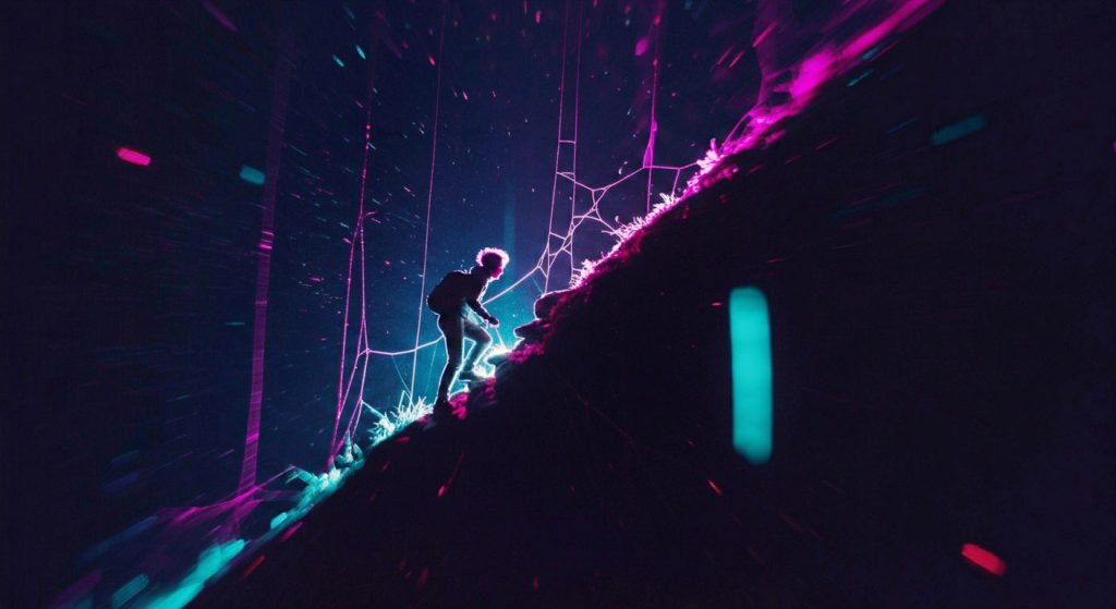 Pessoa tentando escalar uma montanha que continua a crescer, simbolizando a sensação de que o trabalho é impossível e a falta de realização profissional no burnout.