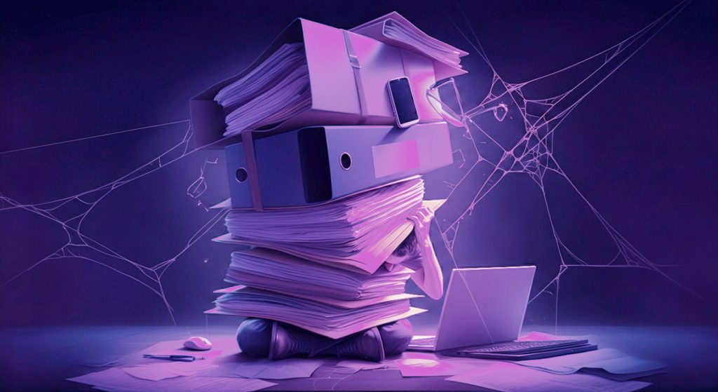 Pessoa sendo sobrecarregada por um peso enorme de itens de trabalho, como um computador, celular e arquivos, simbolizando o fardo pesado e a pressão excessiva que leva ao burnout.