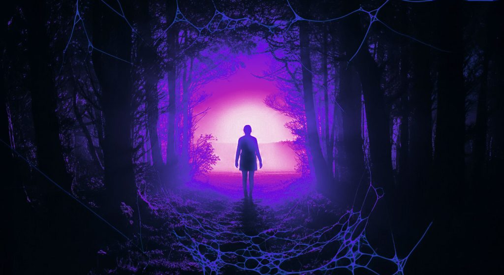 Pessoa saindo de um caminho de floresta escura e emaranhada e entrando em um campo claro e iluminado pelo sol, simbolizando a saída do burnout e o início da recuperação com a ajuda de um terapeuta.