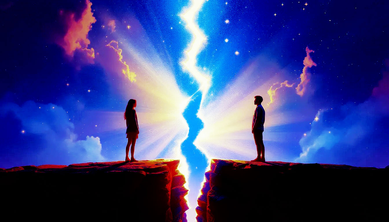 Duas pessoas em lados opostos de uma ponte quebrada, com linhas de luz preenchendo o espaço entre elas, simbolizando a comunicação e a empatia reconstruindo a conexão.