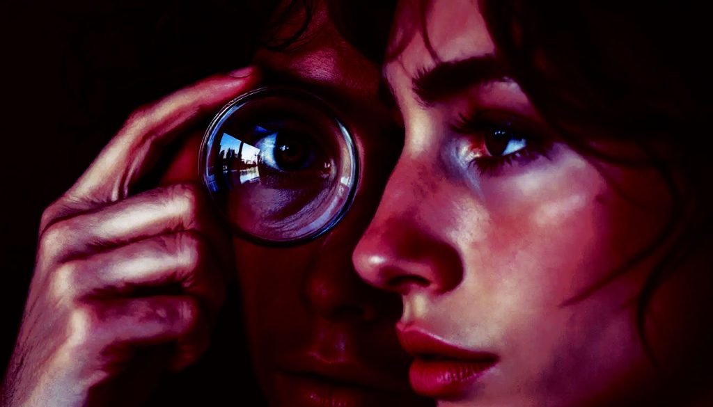 Uma pessoa observando uma situação através de uma lente de vidro transparente, enquanto a visão da outra pessoa está distorcida por palavras duras e julgamentos, simbolizando a observação clara na CNV.