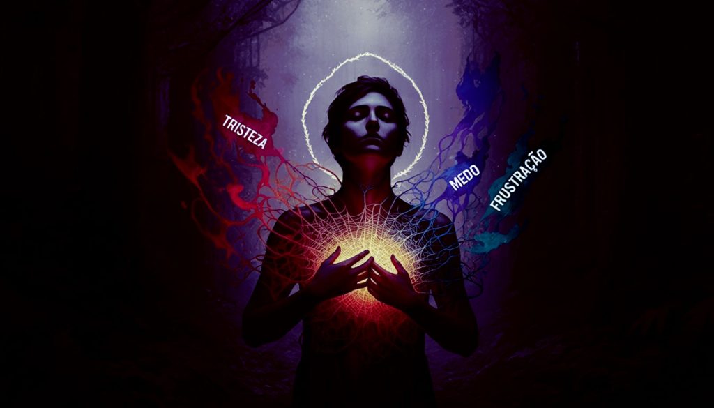 Uma pessoa com uma teia de emoções coloridas no peito, com etiquetas para cada sentimento como "tristeza," "frustração," ou "medo," simbolizando a identificação dos sentimentos na CNV.