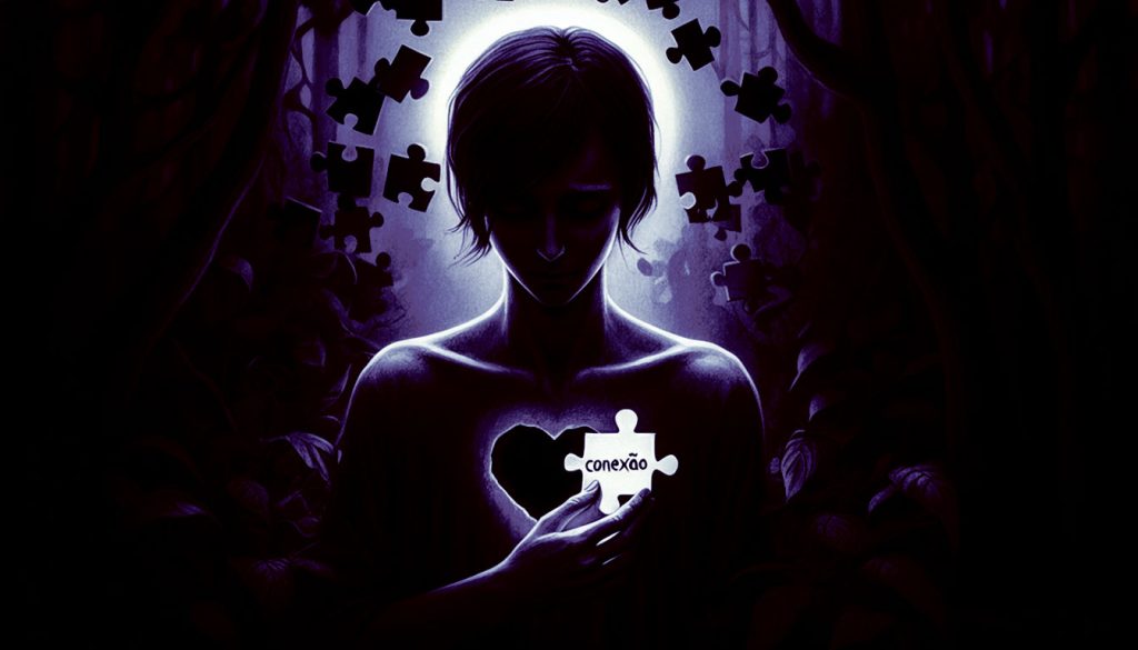 Uma pessoa com um espaço em formato de coração no peito e segurando uma peça de quebra-cabeça com a palavra "conexão", simbolizando a identificação de uma necessidade humana não atendida.