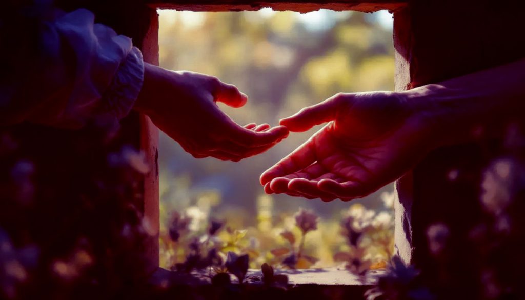 Uma pessoa oferecendo a mão a outra através de um pequeno espaço, com um gesto claro e calmo, simbolizando um pedido claro e aberto na comunicação.