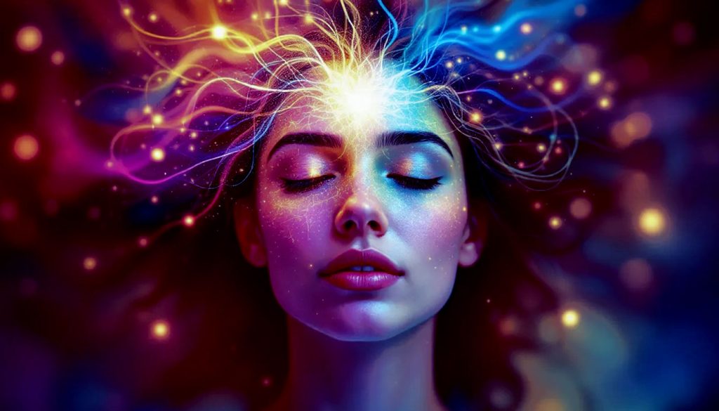 Uma mente e um corpo conectados por linhas de energia coloridas e entrelaçadas, com uma expressão calma e serena, simbolizando a harmonia entre a saúde mental e a comunicação saudável.