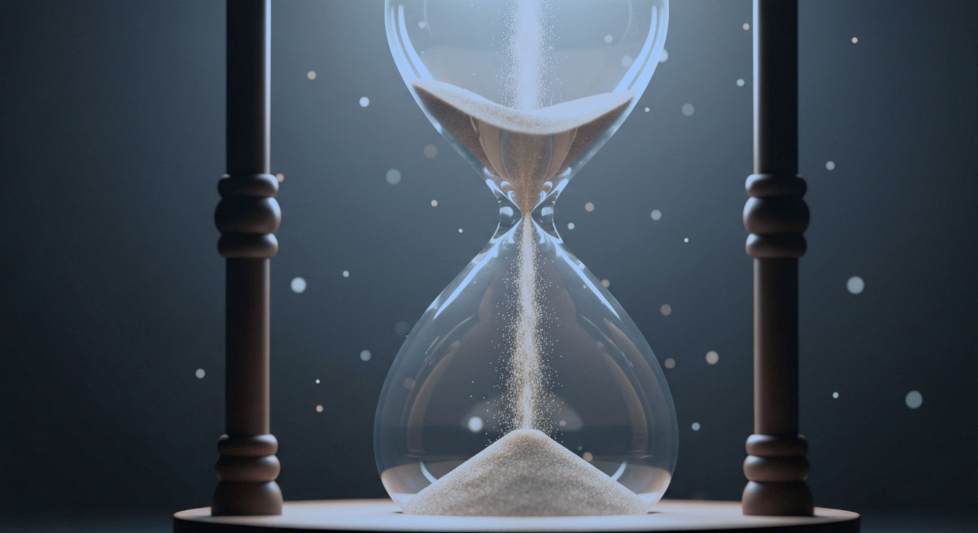 Um relógio de areia com um grão de areia fluindo para o topo em vez de para o fundo, simbolizando como a autossabotagem reverte o seu progresso.