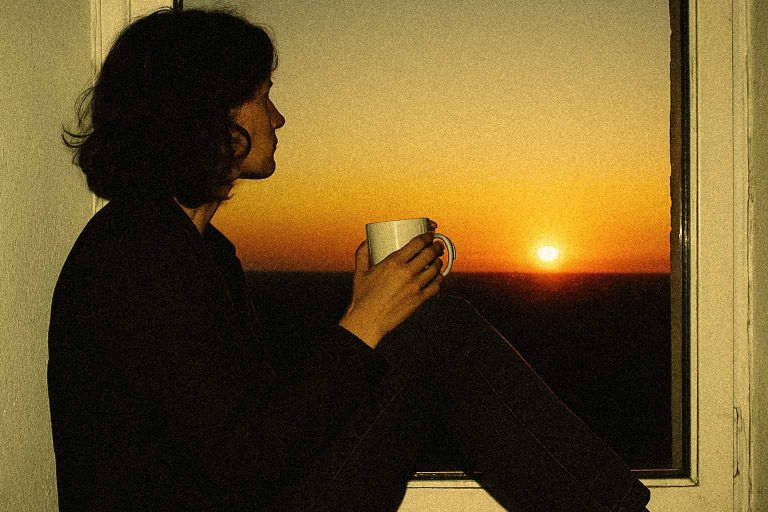 Silhueta de uma pessoa sentada em uma janela, observando o nascer do sol com uma caneca nas mãos, ilustrando o autocuidado como um momento simples de presença e calma.