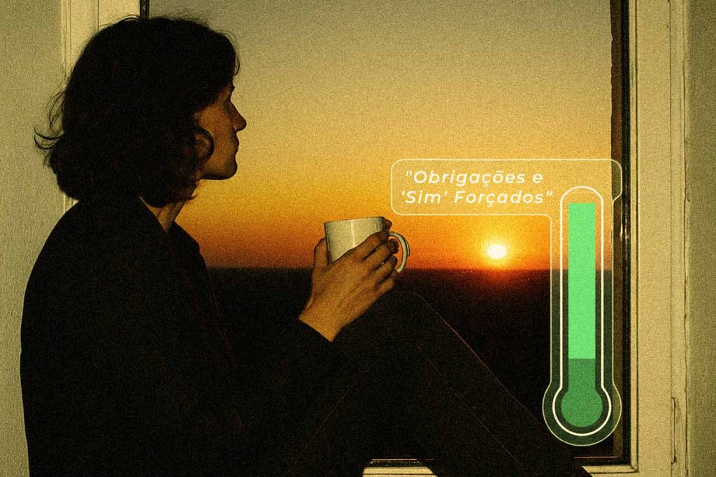 Gráfico de termômetro mostrando o nível de energia alto pela manhã e baixo à noite, com a causa do dreno marcada como "Obrigações e Falta de Limites".