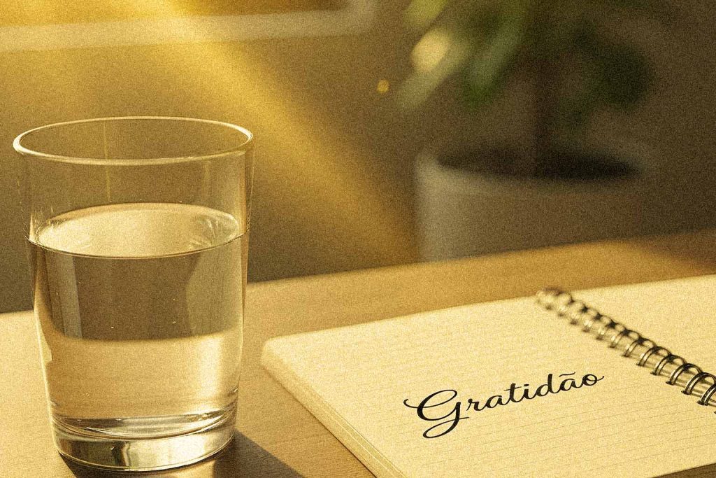Copo d'água pura refletindo o sol, ao lado de um diário aberto com a palavra "GRATIDÃO" escrita, simbolizando a nutrição da alma além da comida.