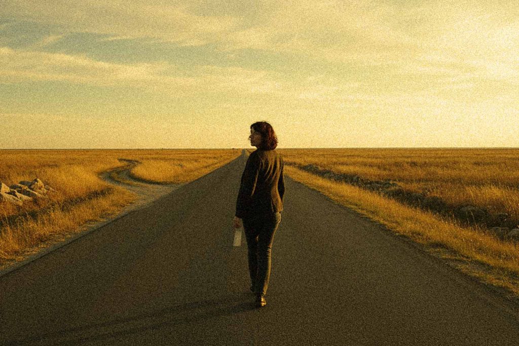 Pessoa caminhando em uma estrada com a cabeça virada, olhando para um pequeno desvio, simbolizando que recaídas acontecem, mas o foco é continuar em frente.