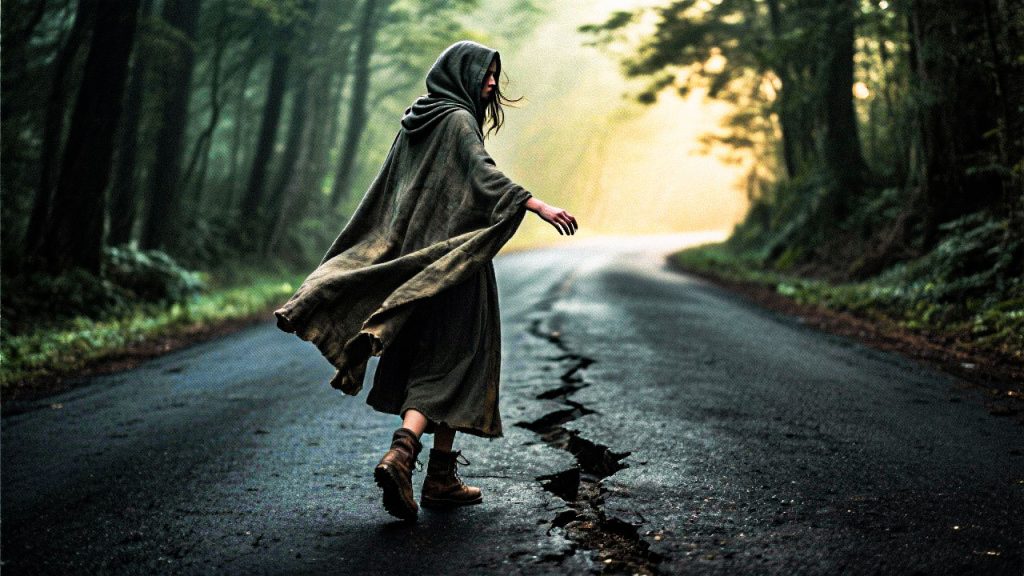 Pessoa caminhando em uma estrada escura com o corpo ereto, simbolizando a diferença entre a tristeza (temporária) e a depressão (doença imobilizante).