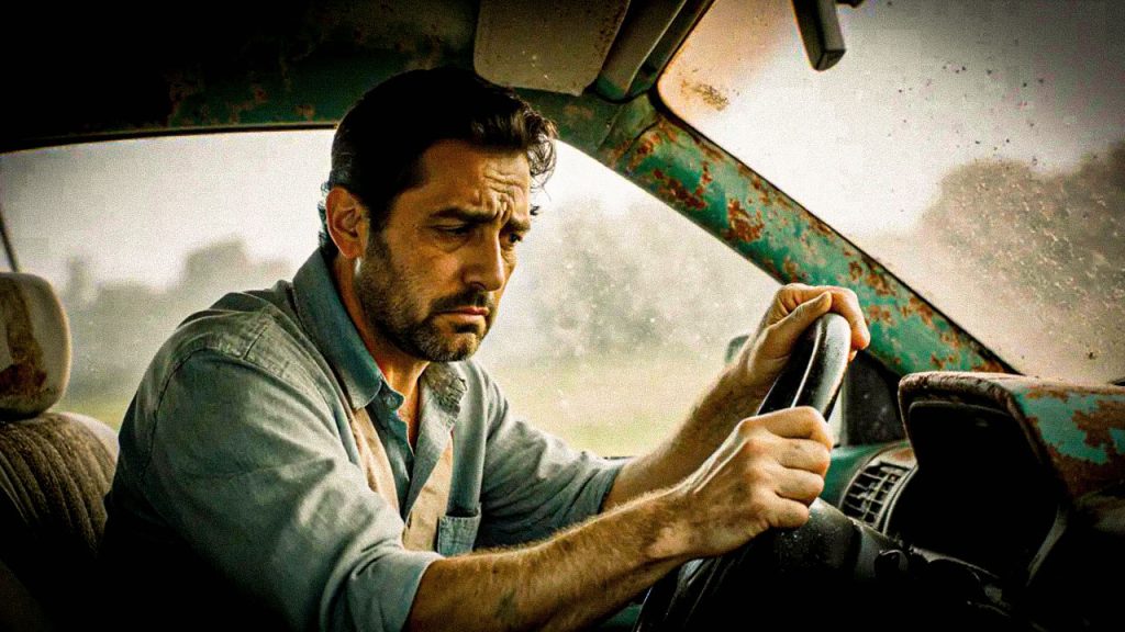 Motorista frustrado tentando ligar um carro velho que não responde, representando que a força de vontade sozinha não resolve a depressão (falta de combustível químico).