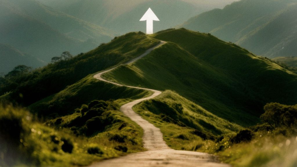 Caminho de montanha com picos e vales, mas a direção é ascendente, ilustrando que a recuperação da depressão tem recaídas, mas a cura é possível.