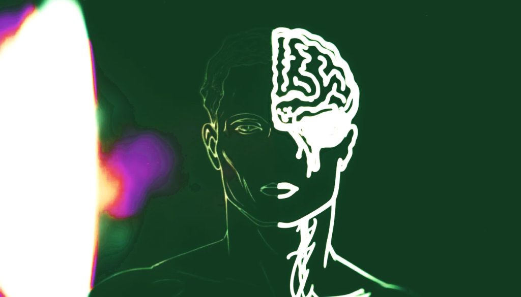 Representação gráfica da conexão sinuosa e inseparável entre o corpo e o cérebro, simbolizando a união mente-corpo e a psicossomática.