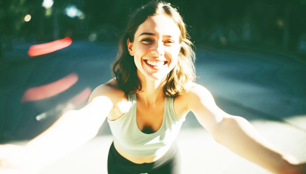 Pessoa fazendo alongamento suave ao ar livre sob o sol, representando o movimento consciente como fonte de prazer e bem-estar, e não como uma obrigação exaustiva.