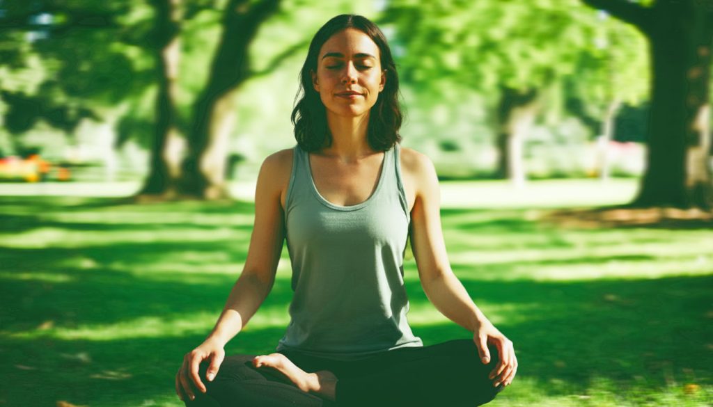 Pessoa sentada em posição de meditação ou descanso em um local iluminado, representando o ato de fazer pausas conscientes e a atenção plena (Mindfulness).