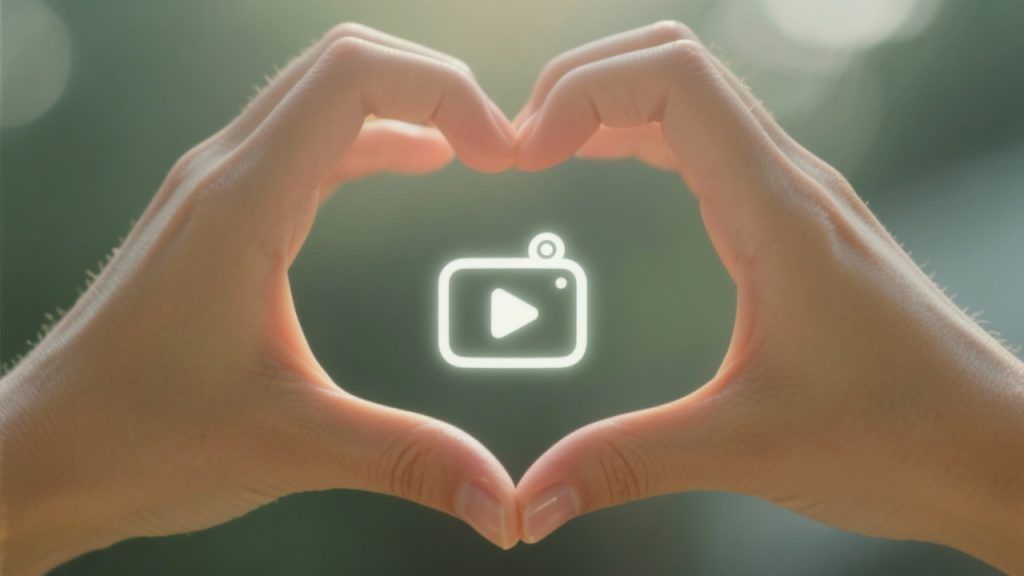 As mãos de uma pessoa se unindo em um gesto de coração em torno de um ícone digital de vídeo chamada, simbolizando o calor e a conexão da terapia online.