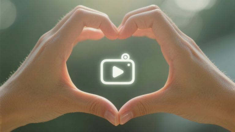 As mãos de uma pessoa se unindo em um gesto de coração em torno de um ícone digital de vídeo chamada, simbolizando o calor e a conexão da terapia online.