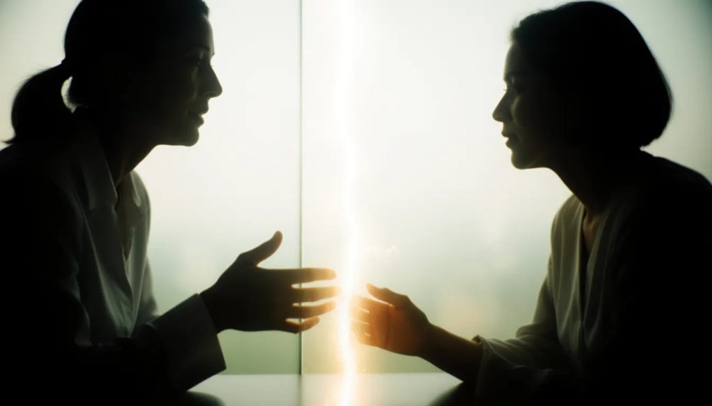 Duas figuras (terapeuta e paciente) se comunicando via tela, com uma linha de luz conectando-as, ilustrando que a conexão terapêutica não é física, mas emocional.