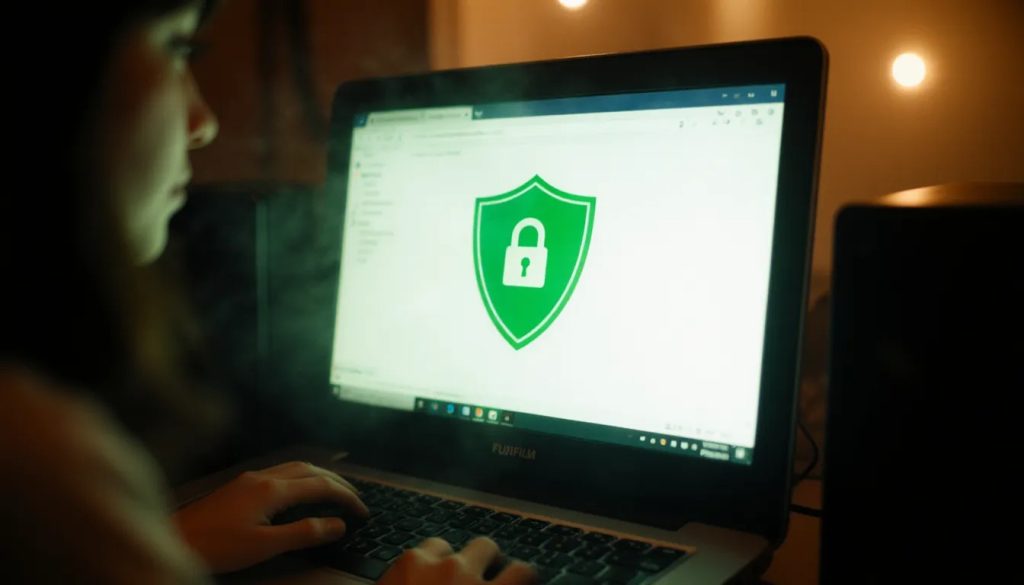 Um cadeado digital grande com a palavra "SEGURO" em um monitor, representando a criptografia e a confidencialidade das sessões de terapia online.